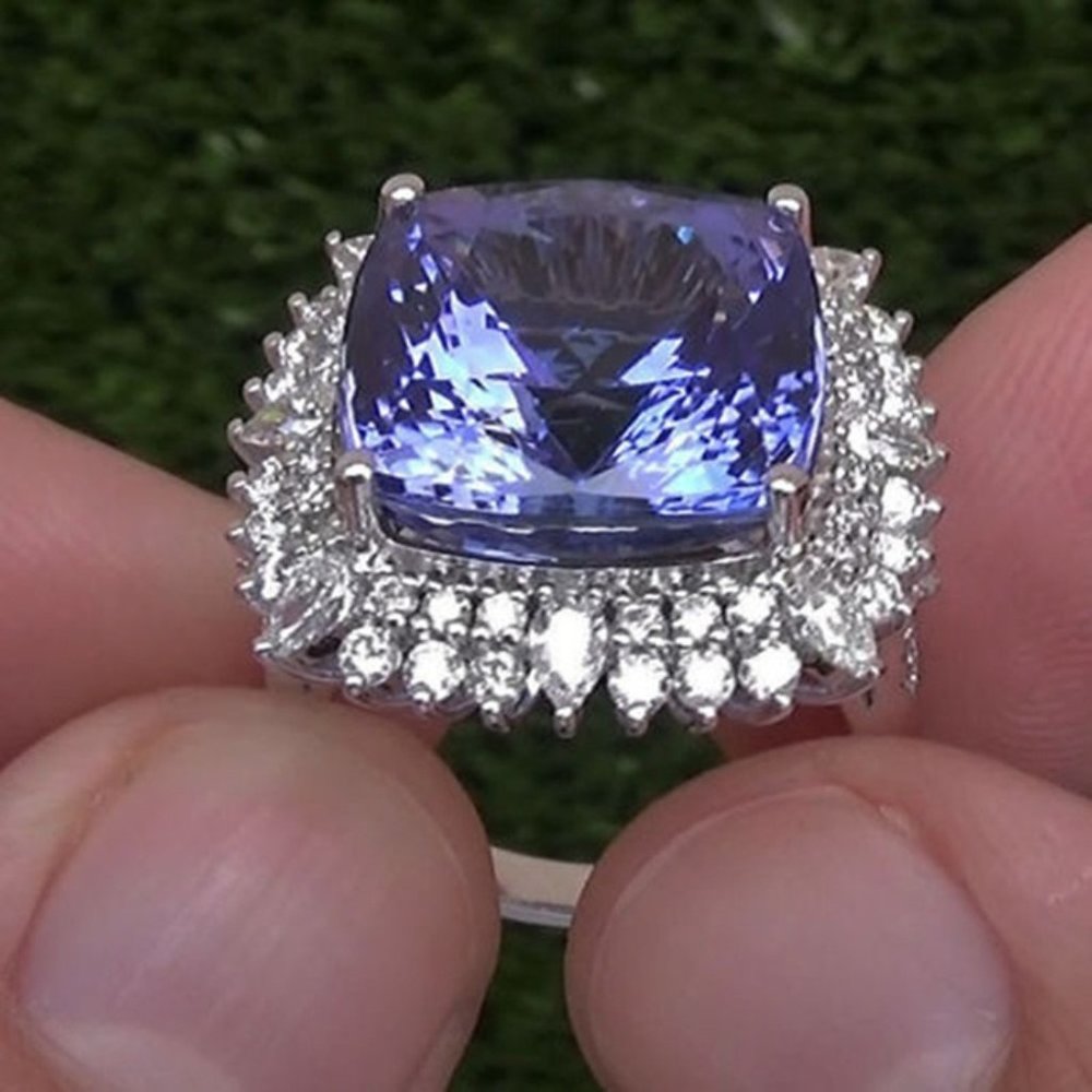 "Large Vintage Square Cut Blue Sapphire Shiny CZ Ring, - Picture 2 of 7